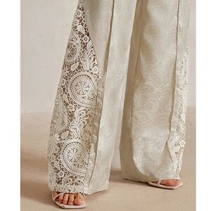 Cream Wide-Leg Pants with Intricate Embroidery